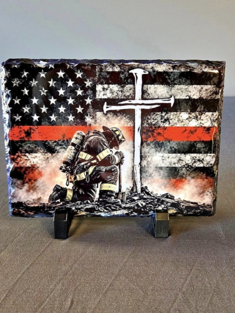 Firefighter Thin Red Line Cross Slate Plaque with Stand 8x6